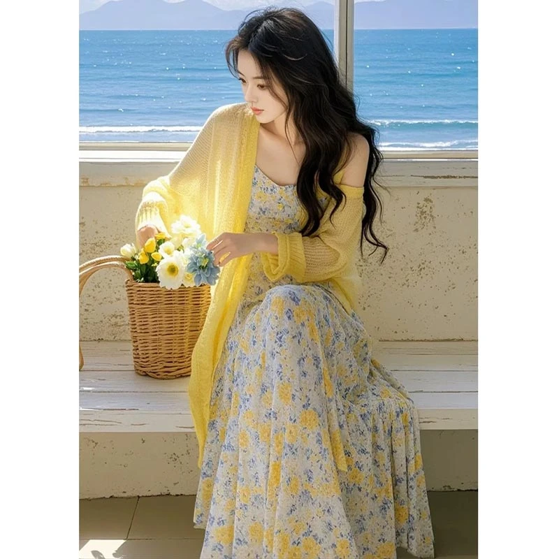 2025年春季穿搭一整套韩系高级感黄色针织开衫碎花连衣裙两件套女