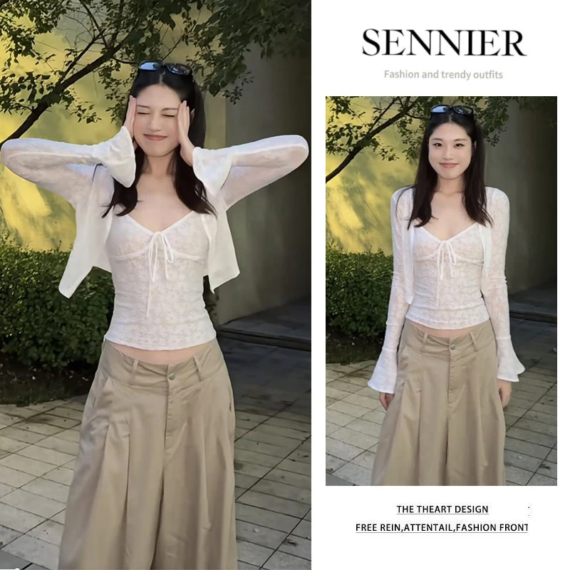 温柔系穿搭女2025新款小众纯欲设计显瘦开衫吊带高腰阔腿裤三件套