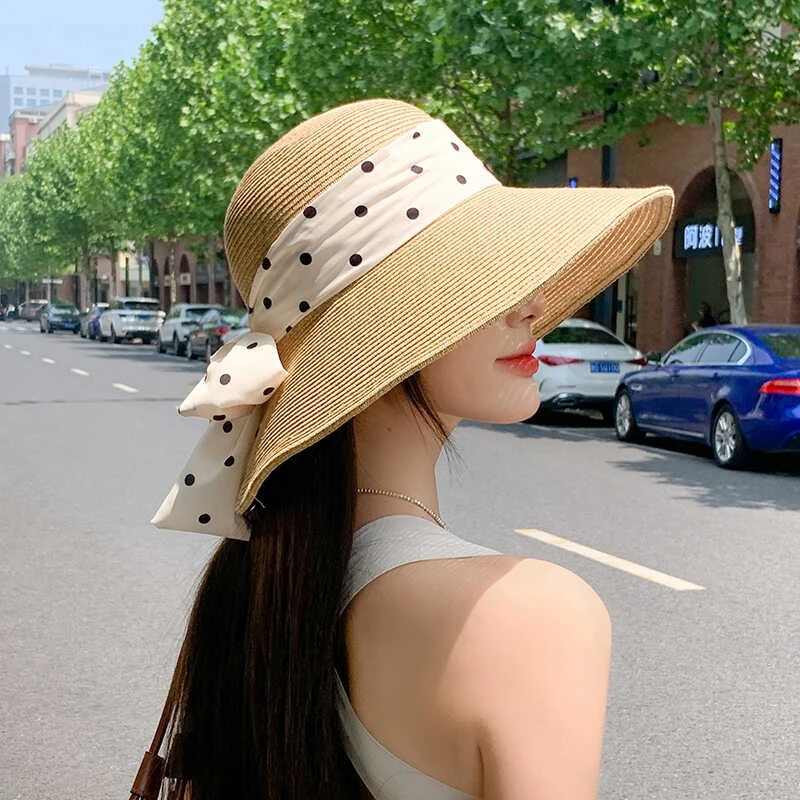 法式赫本风波点蝴蝶草帽女夏大檐遮阳草编可折叠沙滩度假渔夫帽子
