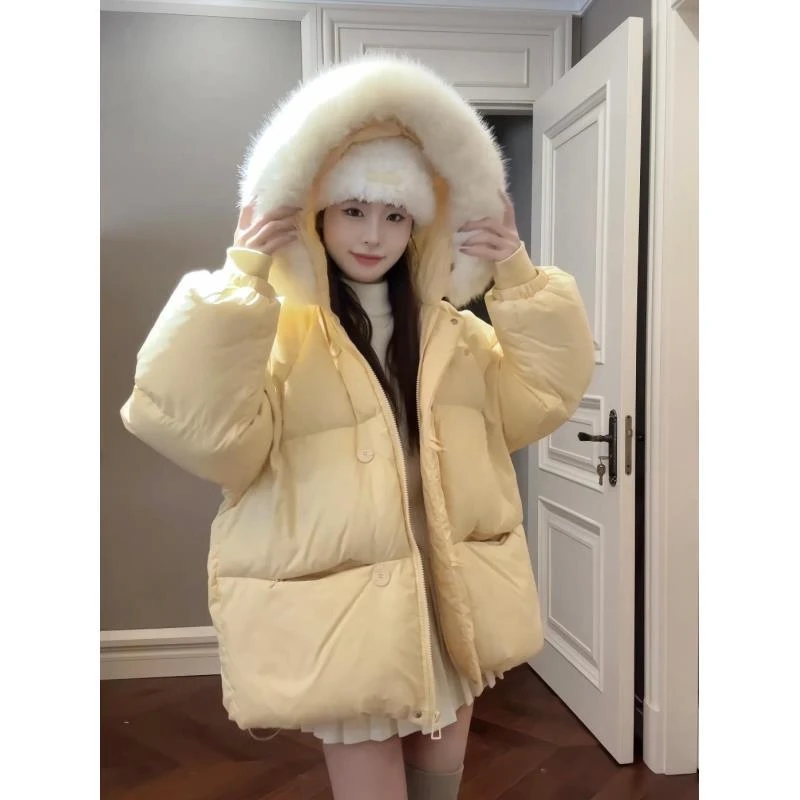 「优选白鸭绒」「巨厚奶黄包」甜美风格超美羽绒服外套大毛领保暖