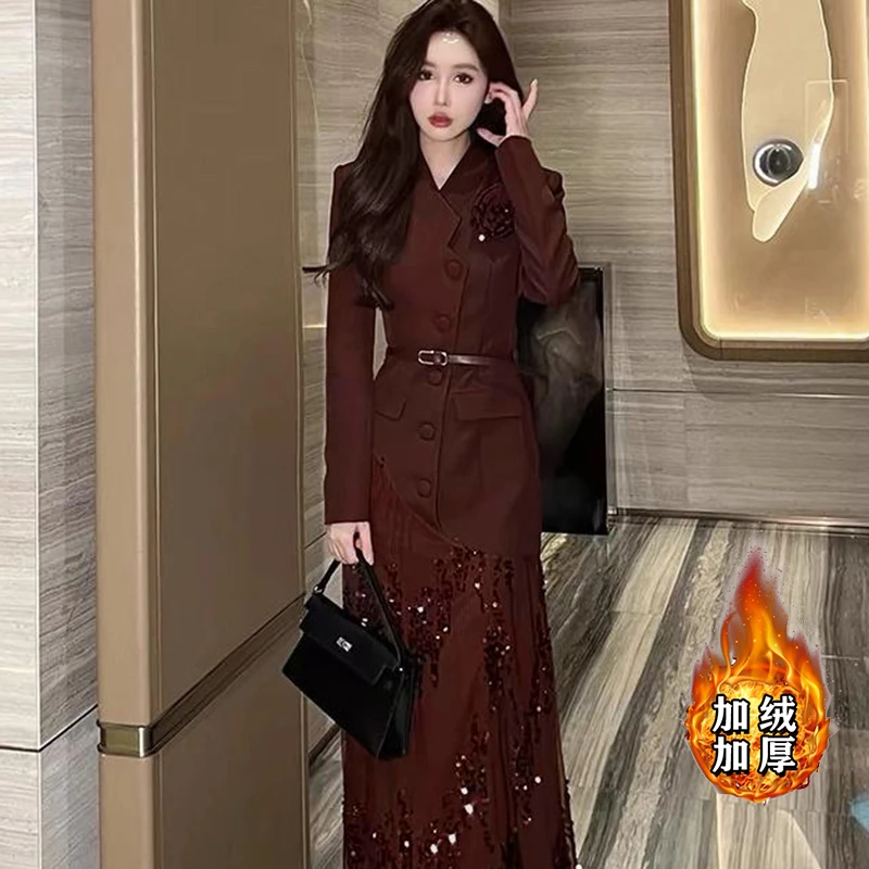 【加绒加厚】2025秋冬气质裙子名媛高级感收腰连衣裙女2681