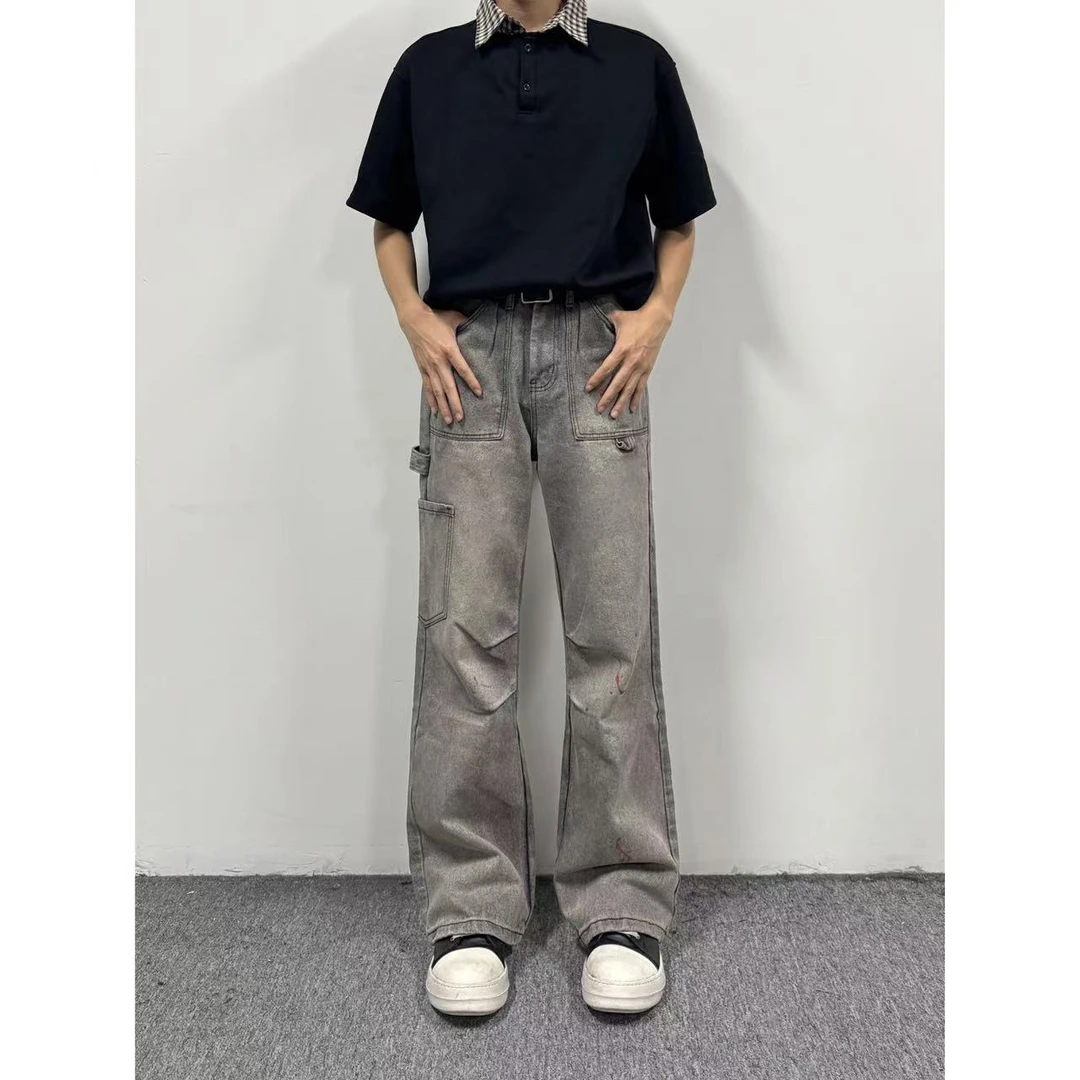 双褶泼墨复古做旧宽阔工装裤牛仔裤伐木拖地长裤