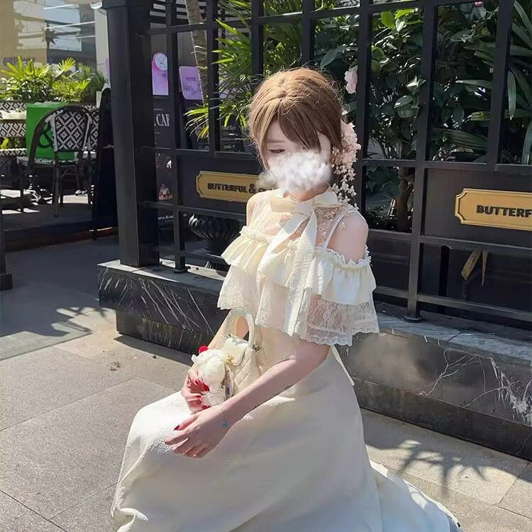 气质日系甜美复古显瘦斗篷连衣裙夏季新款长裙白月光蕾丝