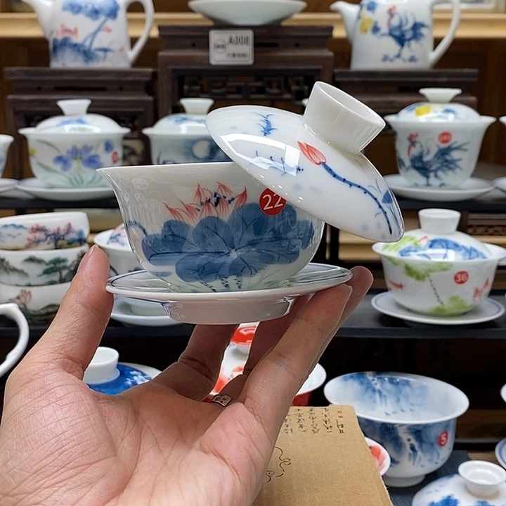 手绘荷花悬停盖碗150cc釉下彩微瑕福利款