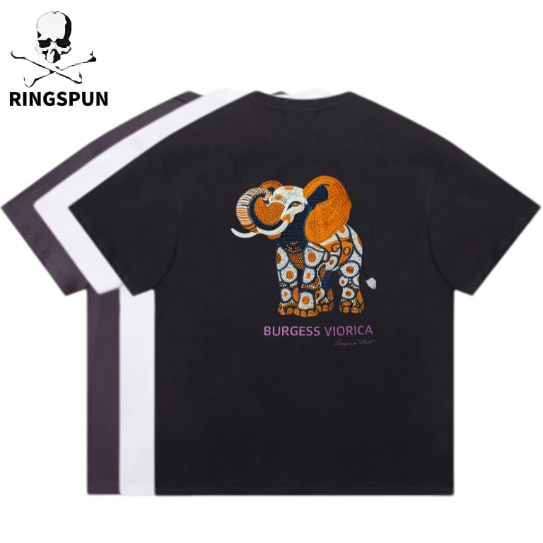 【橙色大象】RS重磅纯棉刺绣美式潮流休闲轻奢宽松男女短袖T恤