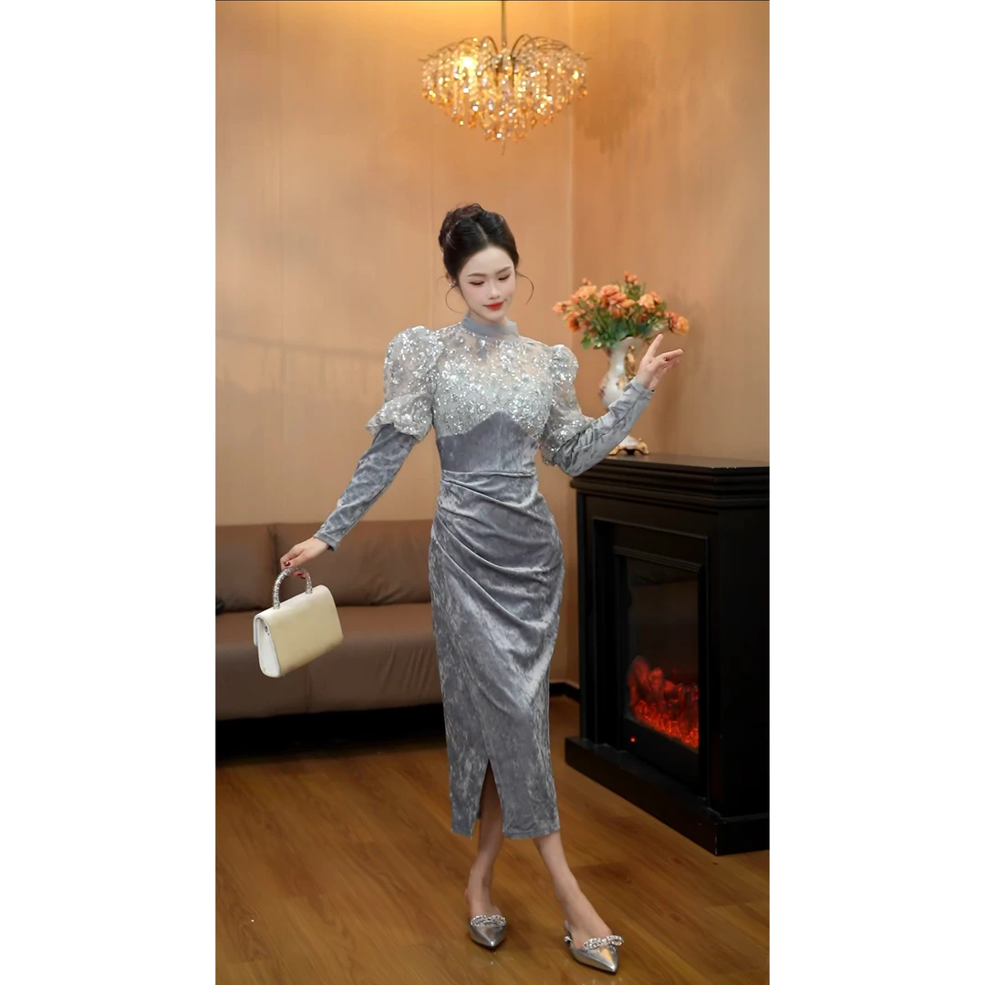 6672【伦敦雨雾】新款法式气质内搭高端宴会礼服修身连衣裙