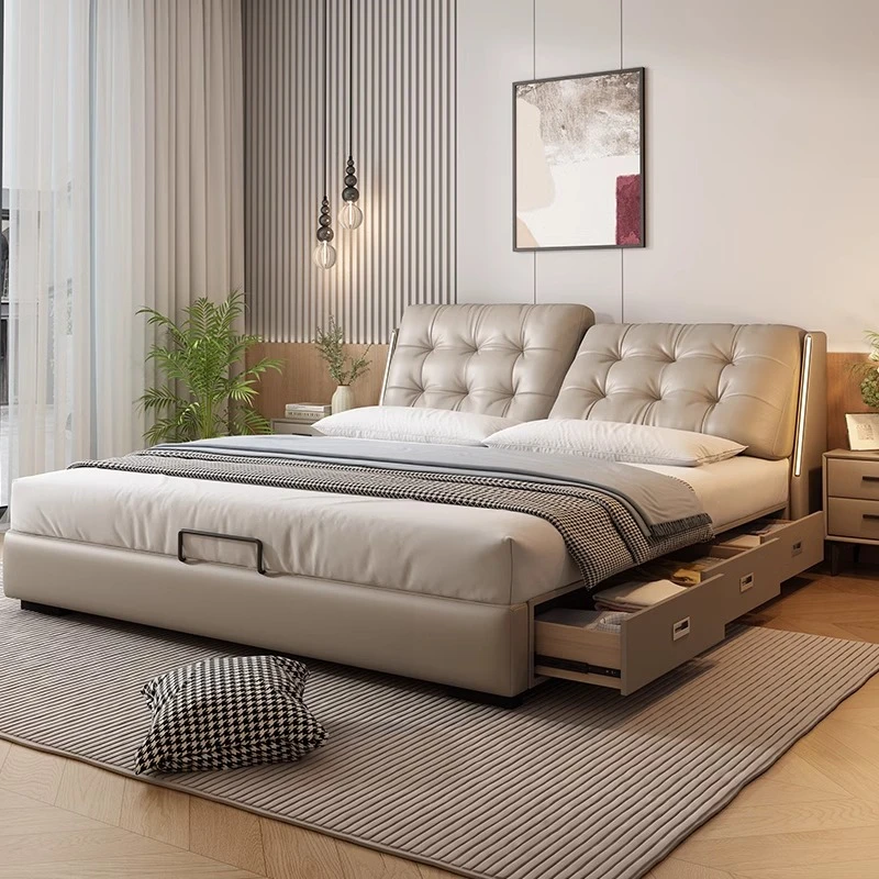 【沐尘】意式极简多功能云朵真皮床现代简约双人软包大床高端主卧床