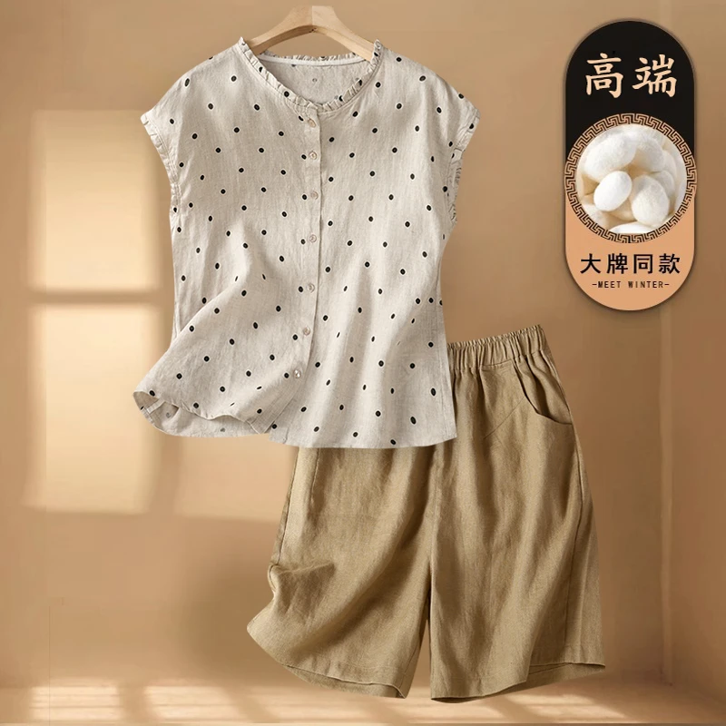 洋气时尚减龄苎麻无袖套装女夏季高端休闲亚麻波点衬衫短裤两件套