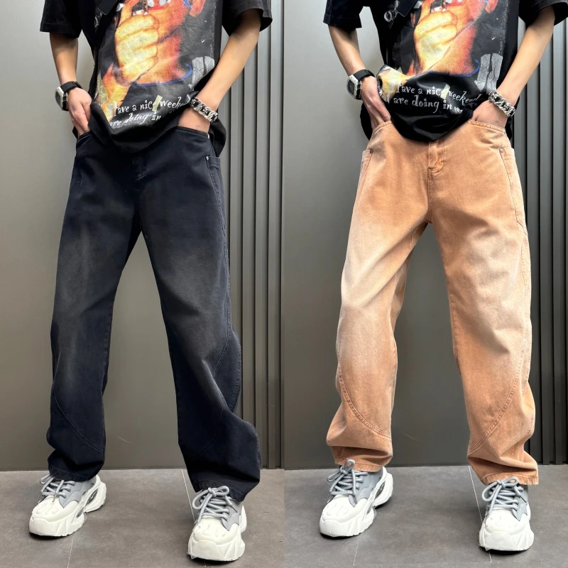 男士春夏新款牛仔裤弯刀工地干活长裤美式复古男装裤子高街直筒裤