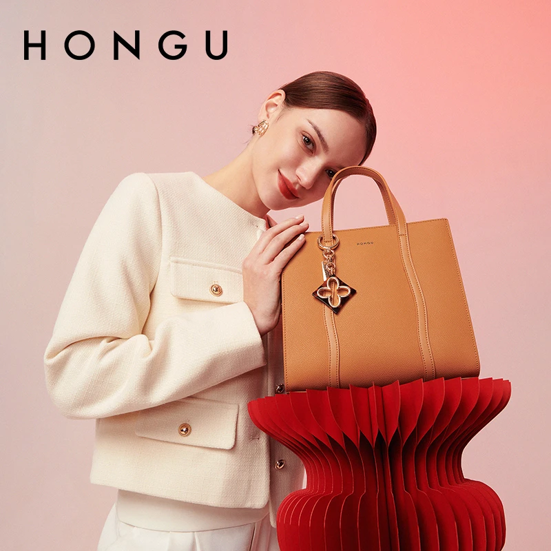 HONGU/红谷时尚新款牛皮女士手提单肩女包包通勤真皮百搭肩包5806