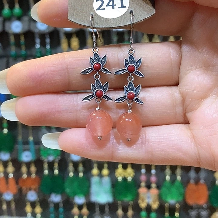 蛇纹石玉银S925镶嵌耳钉