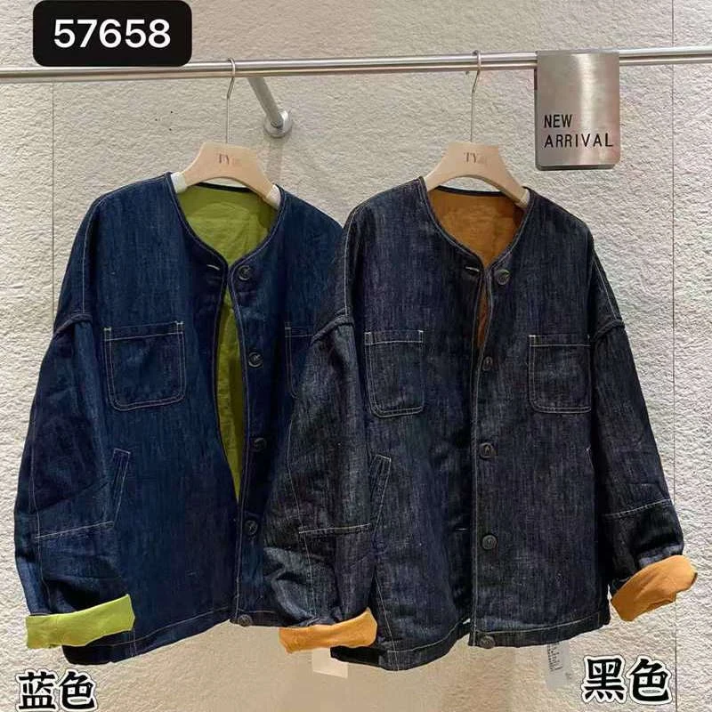 TY57658牛仔棉服女宽松大码欧货洋气棉麻百搭圆领2025秋冬新款潮