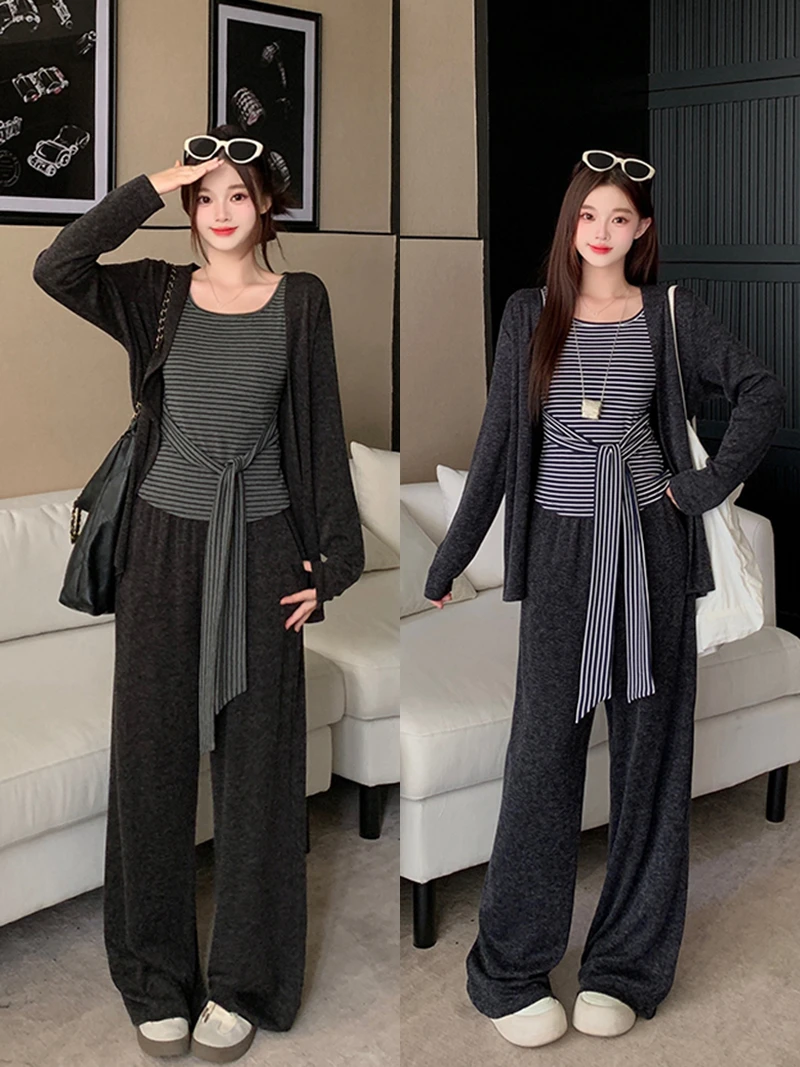 2025秋装新款胖mm女韩版休闲时尚背心长袖开衫阔腿裤三件套22927