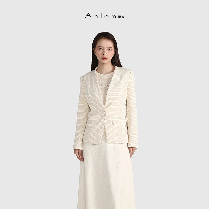 Anlom/娅奴秋季长袖新款纯白百搭休闲纹理外套通勤开衫上衣
