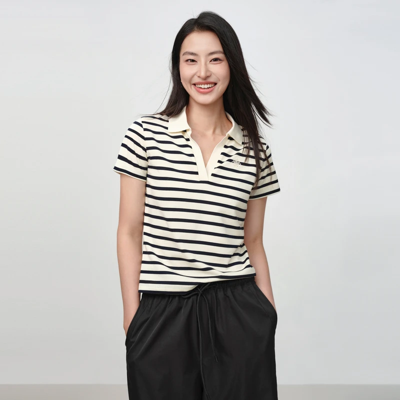 EP雅莹女装2025早秋新品 显瘦条纹棉质刺绣polo领T恤5351A