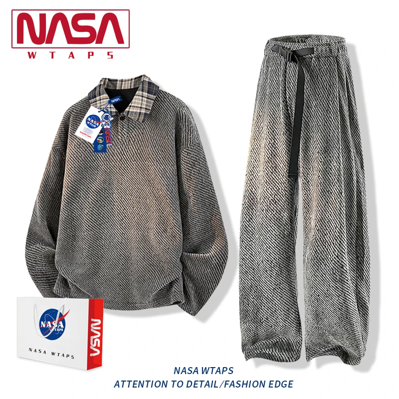 NASA WTAPS重磅老钱风斜条卫衣套装男春秋季polo衫休闲运动两件套