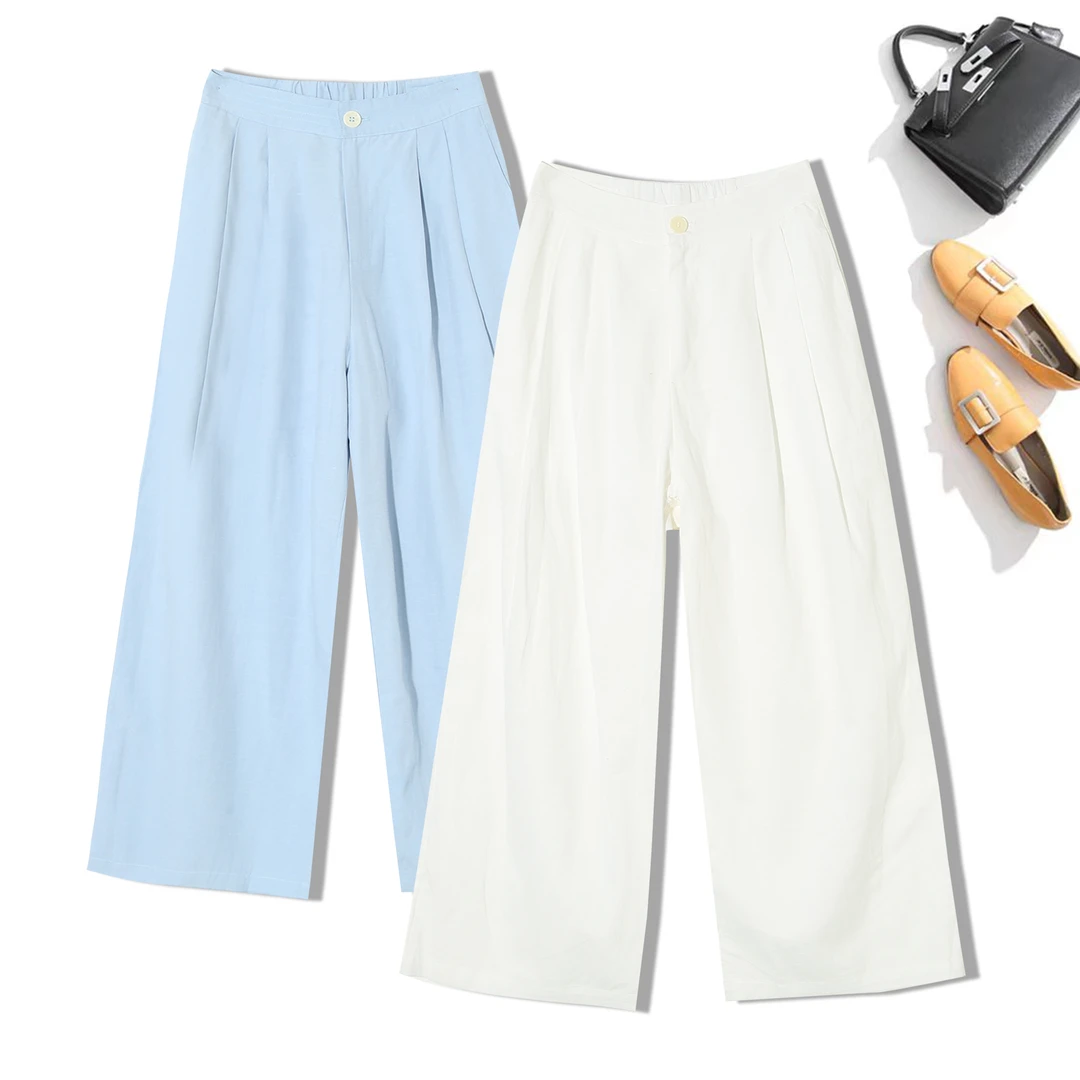 窄腰直筒阔腿春秋女纯色舒适柔软垂顺宽松百搭休闲裤松紧腰1F600