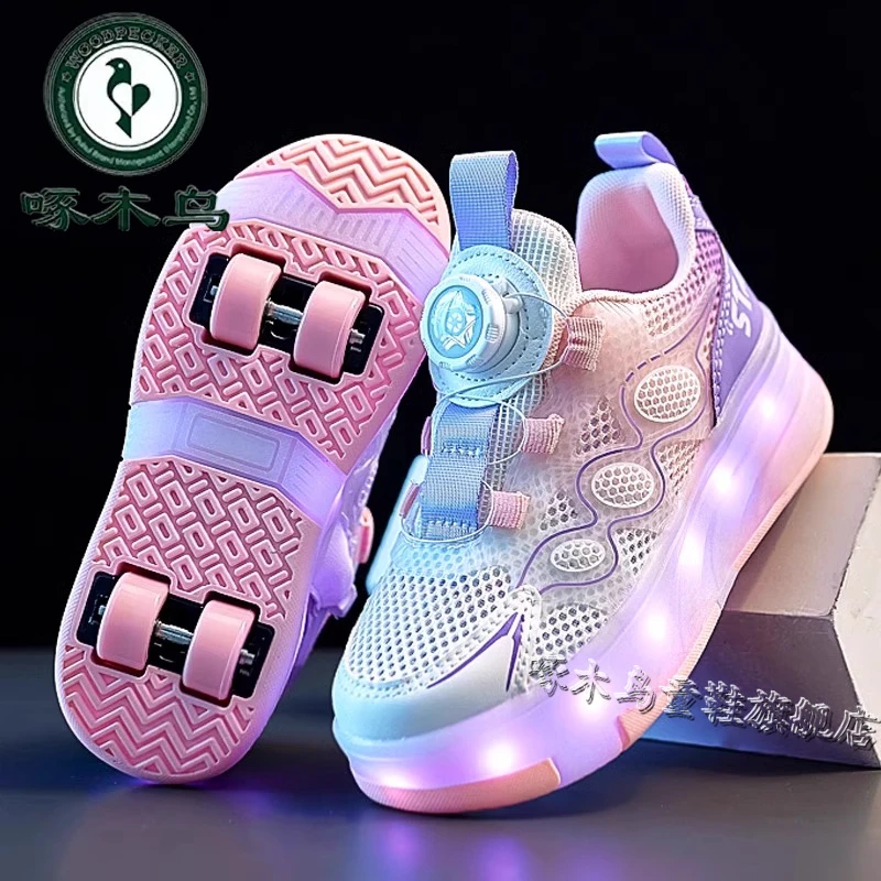 啄木鸟暴走鞋男童鞋秋季新款儿童滑轮鞋单网鞋溜冰爆走鞋