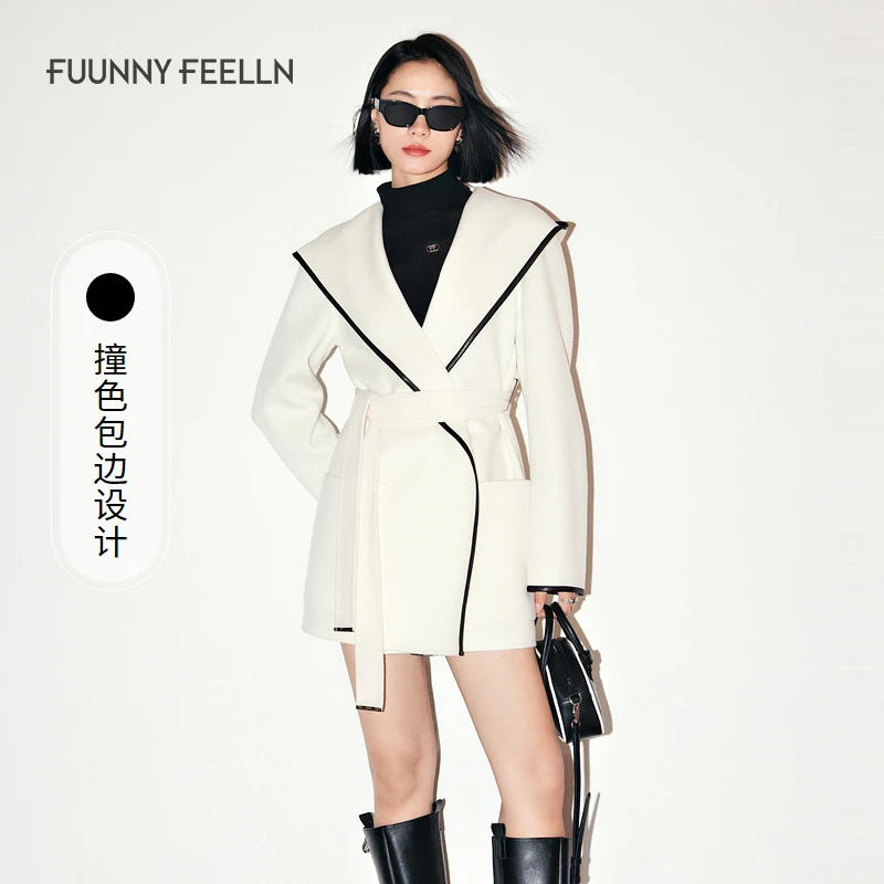 FF仿佛秋冬中长款毛呢外套大衣女绵羊毛系带设计时尚FL00307V0