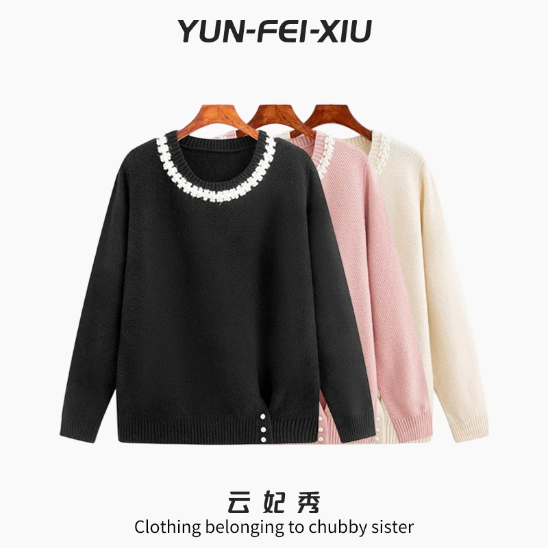 云妃秀大码女装针织衫圆领编织花边宽松显瘦遮肉胖妹妹秋季23508