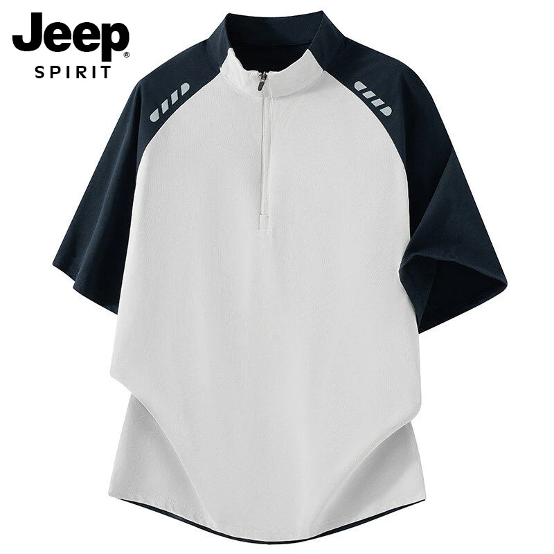 JEEPSPIRIT半拉链索罗纳宽松短袖男球衣冰丝衣半袖训练骑行T恤