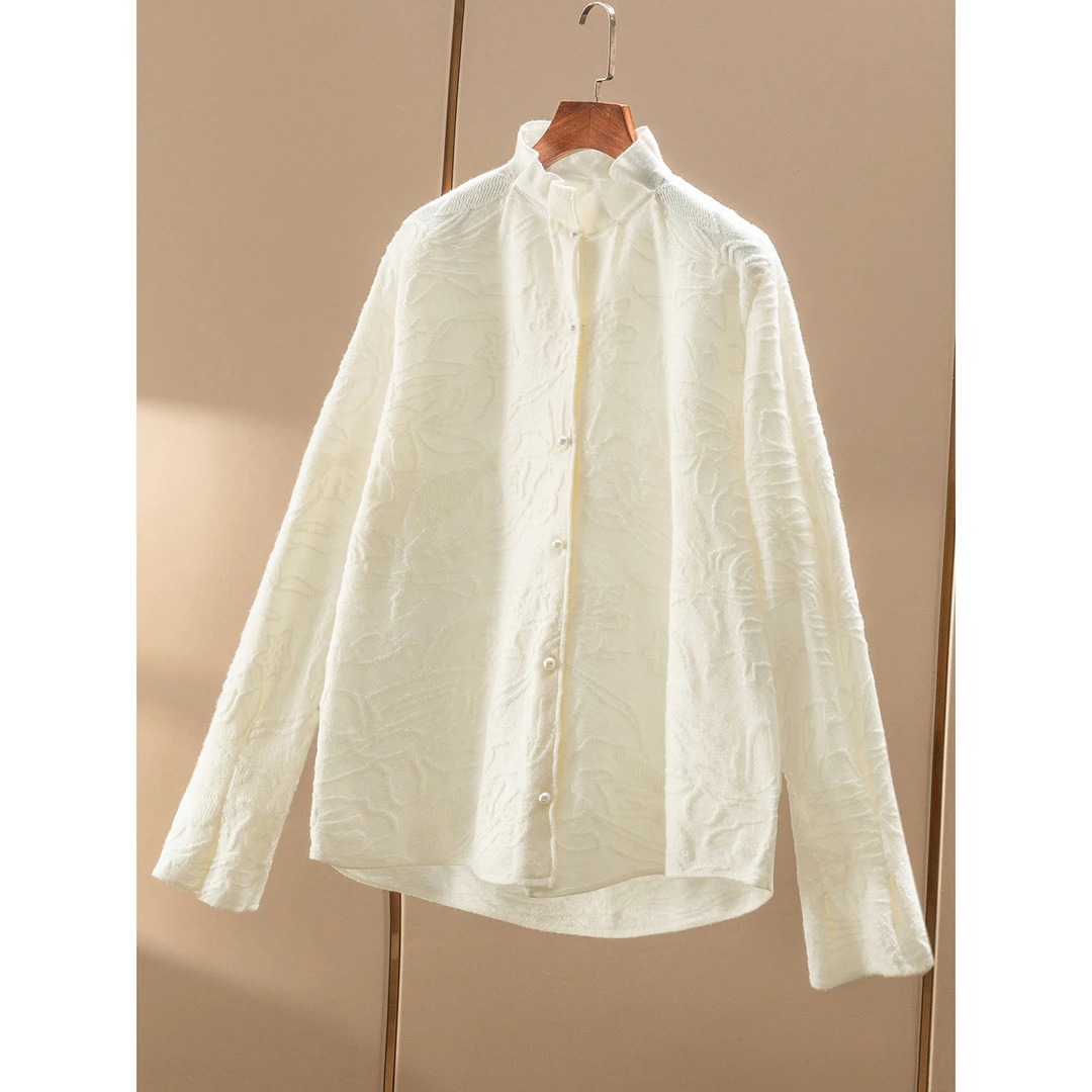 春天家 精致优雅 法柜100羊毛立体提花立领花纱毛衣开衫H女04K7