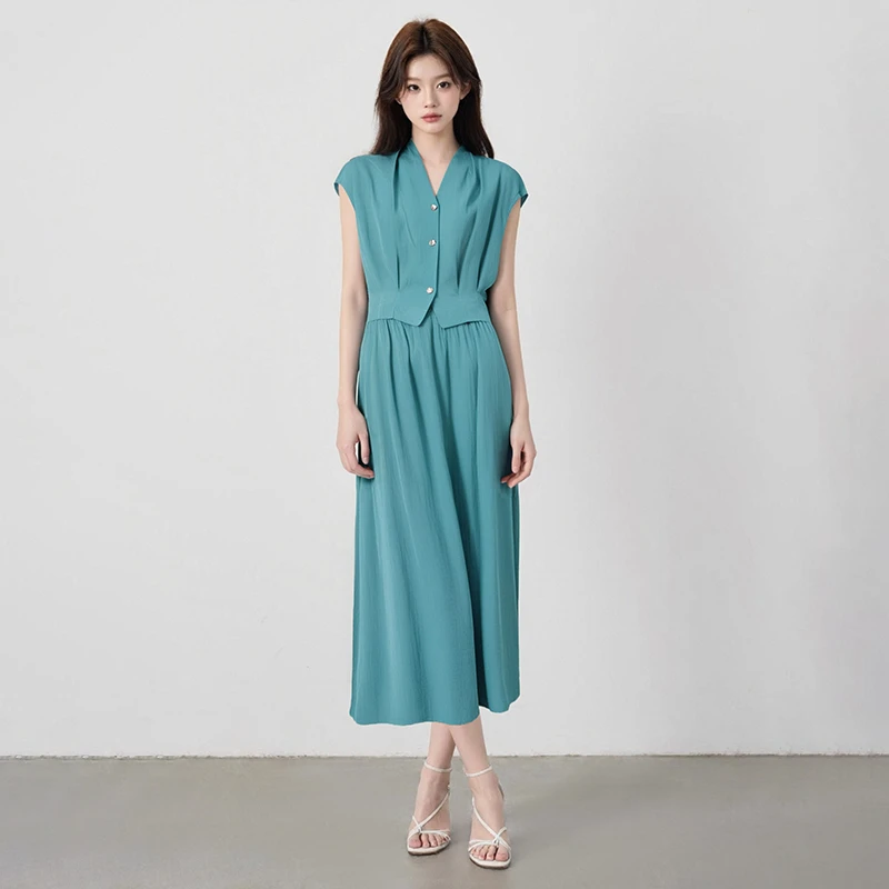 法式设计压褶收腰坎肩上衣高腰长裙两件套套装HBZC621066 nnassa