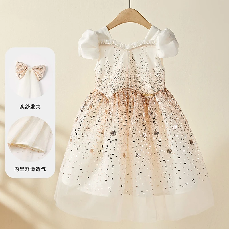 女童亮片公主裙夏季2025新款潮儿童泡泡袖裙子夏装女孩礼服裙洋气