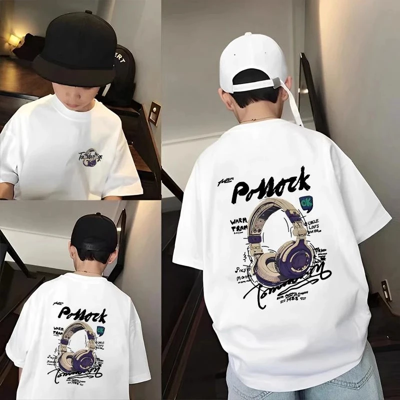 韩版潮酷耳机100%纯棉短袖T恤男宝中大童2025夏季新款嘻哈风半袖