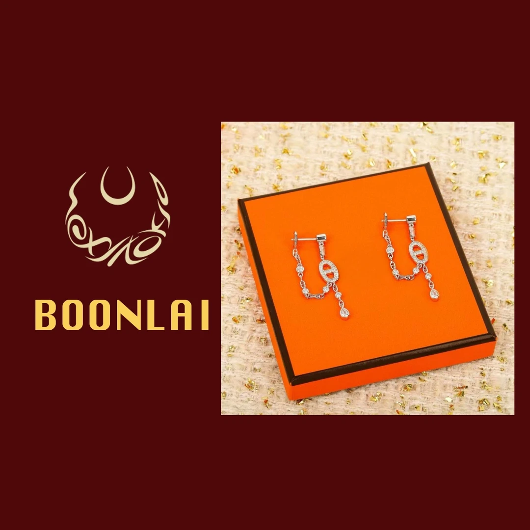 铜合金锆石耳饰 Boonlai 金属链条镂空猪鼻子镶钻耳环1366