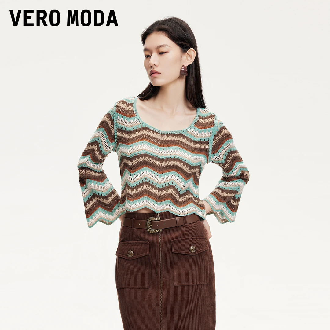 Vero ModaT恤女2025夏新款七分袖撞色镂空钩织民族风气质洋气针织