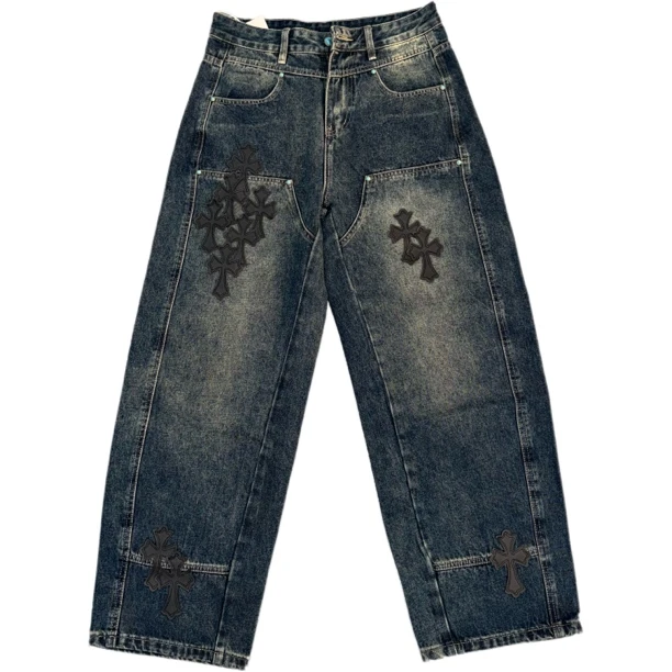 松石双膝伐木工罗子风十字架纯色直筒牛仔裤851