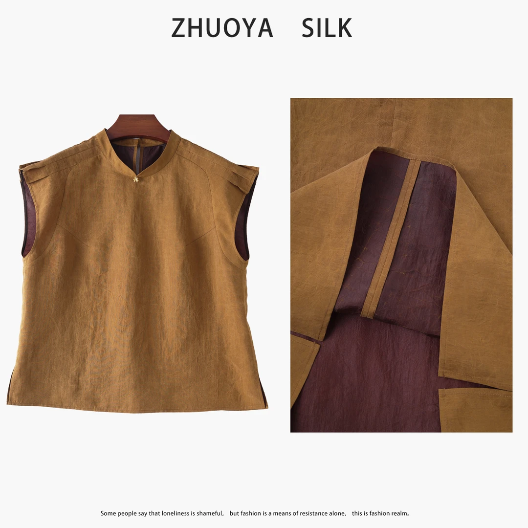 琸娅100%桑蚕丝龟裂纹香云纱香云纱女士衬衫无袖国风新中式女装