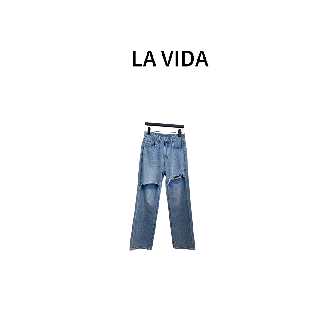 LA VIDA-宽松破洞直筒百搭牛仔裤