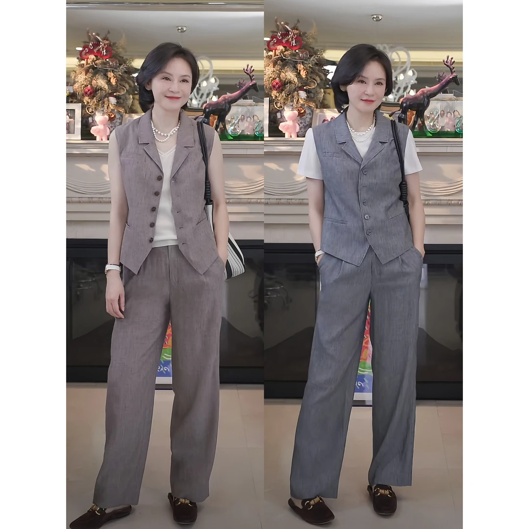 我是摩羯 西雅图 亚麻莱赛尔花纱肌理吸湿透气秋马甲裤子