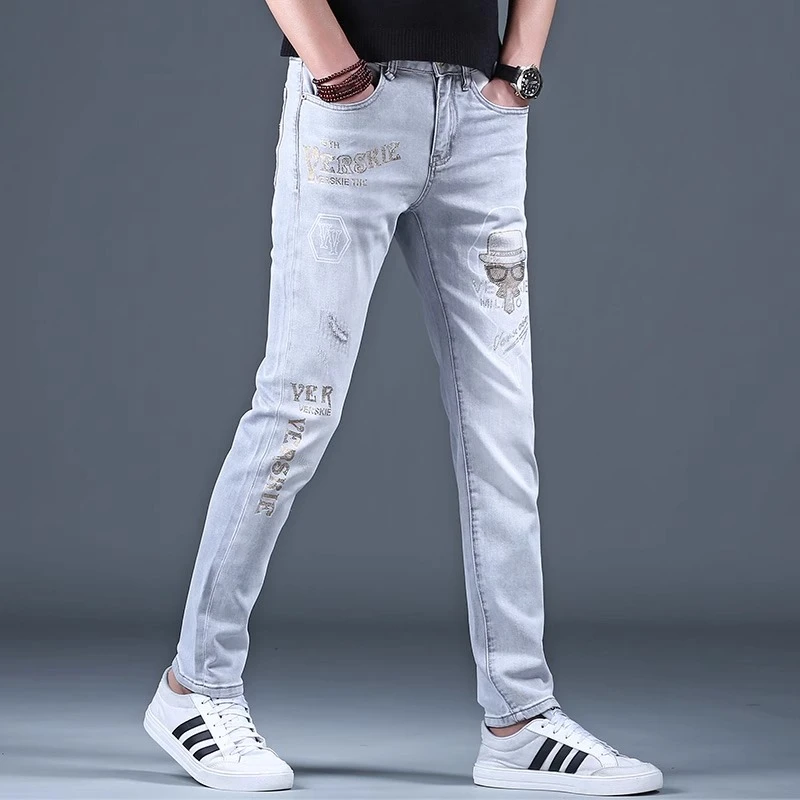 2025男士夏季裤子薄款牛仔裤烫钻休闲高级感痞帅男裤子修身小脚裤