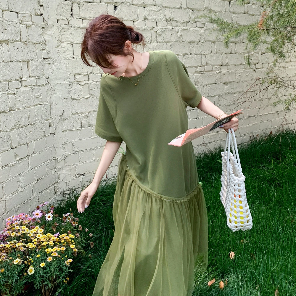 法式绿色胖圆领连衣裙大码女胖2025夏季网纱拼接气质遮肚长裙