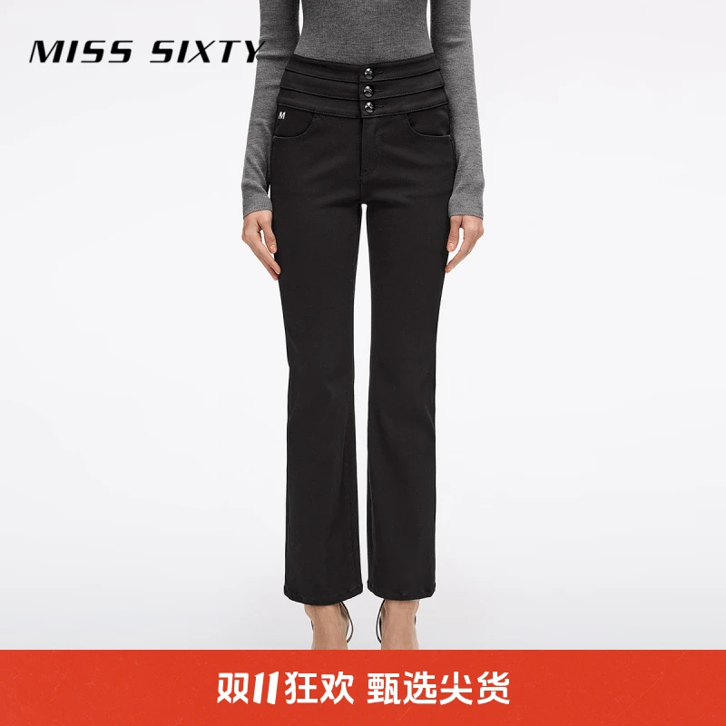 【陈大可专属】Miss Sixty牛仔裤女三环高腰四面弹微喇裤黑5073