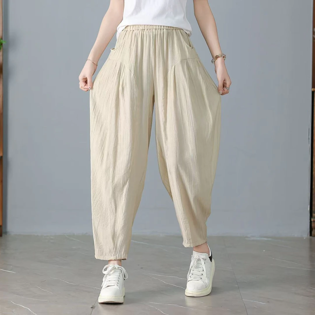 民族风裤子宽松高腰九分裤2025年薄款百搭显瘦冰丝裤女裤