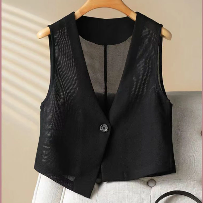 休闲外穿短款网纱无袖马甲女薄款夏季时尚设计无袖马夹女显瘦洋气
