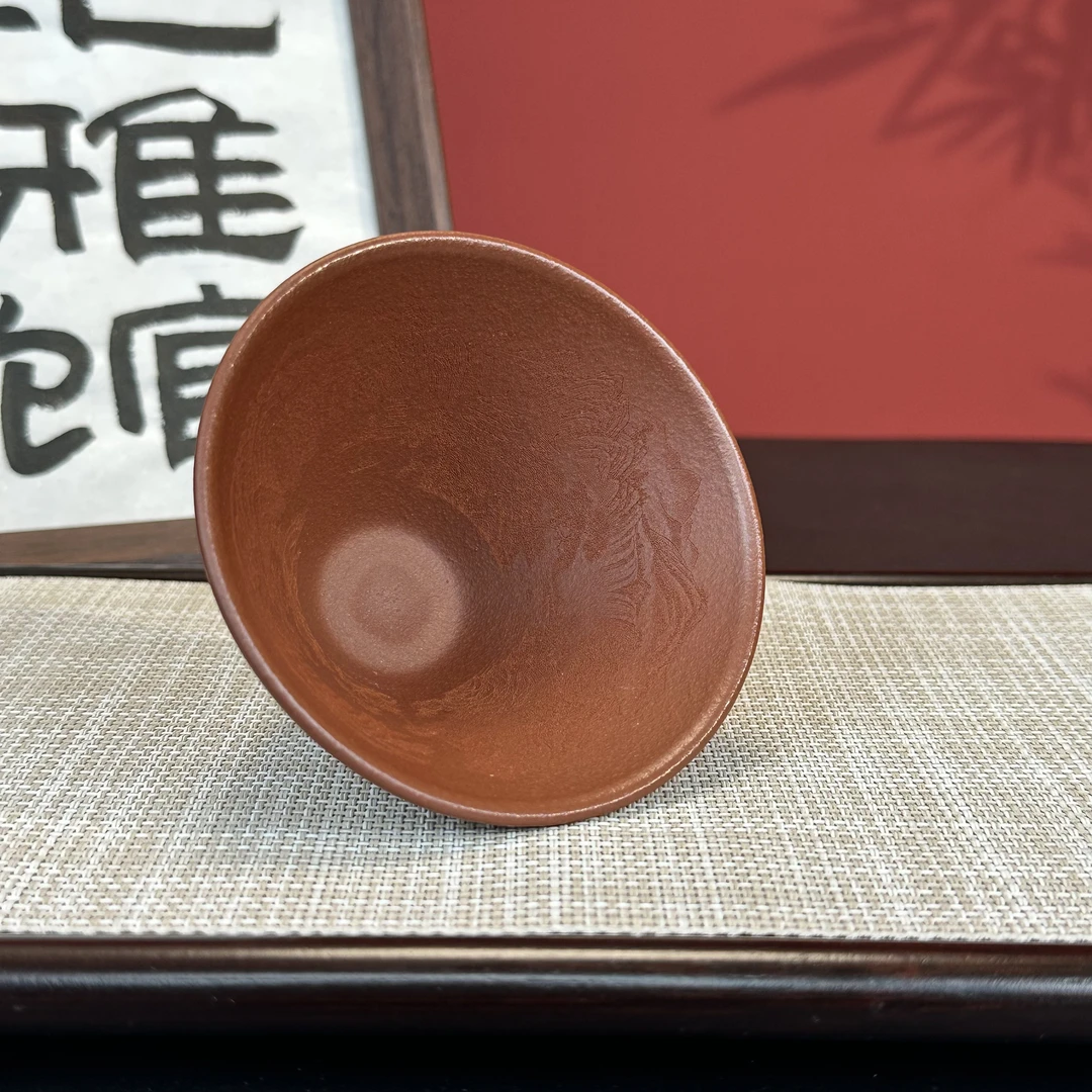 宜兴原矿紫砂粗砂龙血砂斗笠主人杯刻绘山水高档茶杯家用茶器