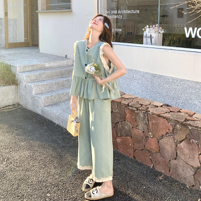 韩系减龄丹宁风漂亮牛仔套装女2025夏季新款无袖上衣阔腿裤两件套