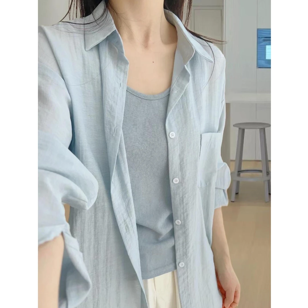 FAVMARTHA大码蓝色长袖防晒衬衫女外套夏季薄款胖mm显瘦宽松polo