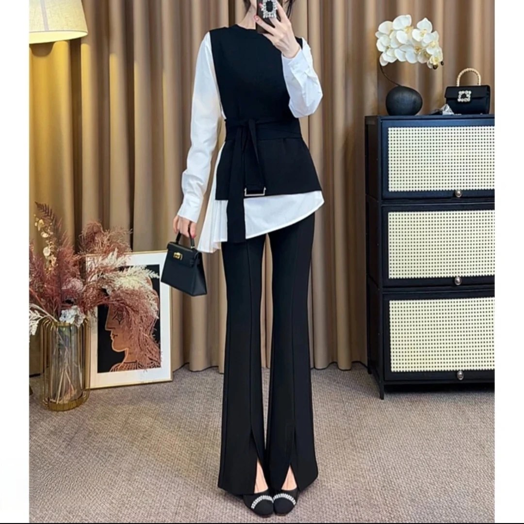 首秀巴黎时光25早秋新款百褶长袖衬衫套装衬衫+马甲两件套