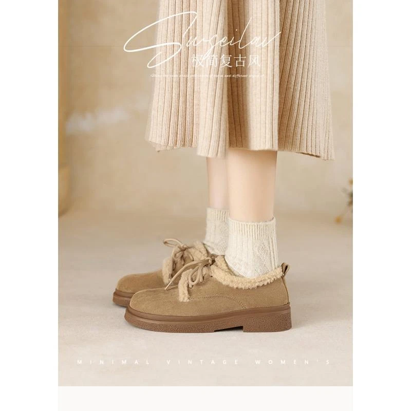 威威女郎 688-6厚底乐福鞋女加绒复古单鞋系带勃肯鞋冬季保暖棉鞋