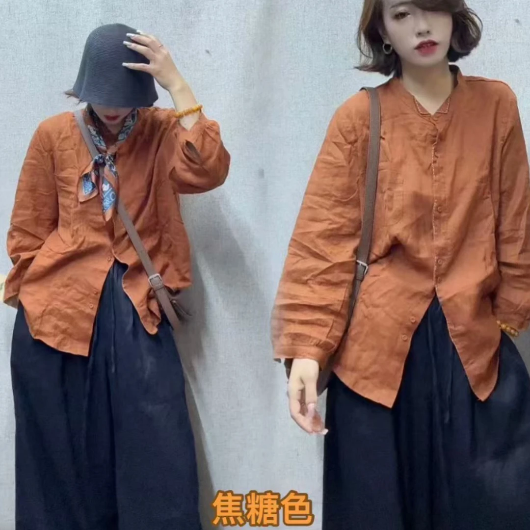 瑞大 100%亚麻秋季韩版宽松手工缝线立领衬衫女装（100-150斤）
