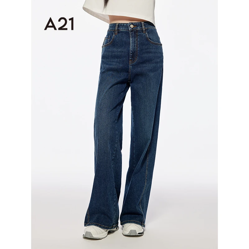 A21女装高腰直筒阔腿水洗牛仔长裤F452226032