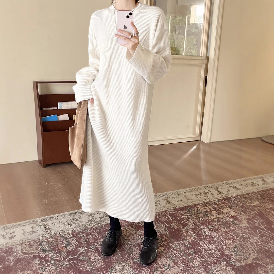 冬极简坑条长款毛衣冬季秋冬羊毛针织圆领百搭连衣裙女