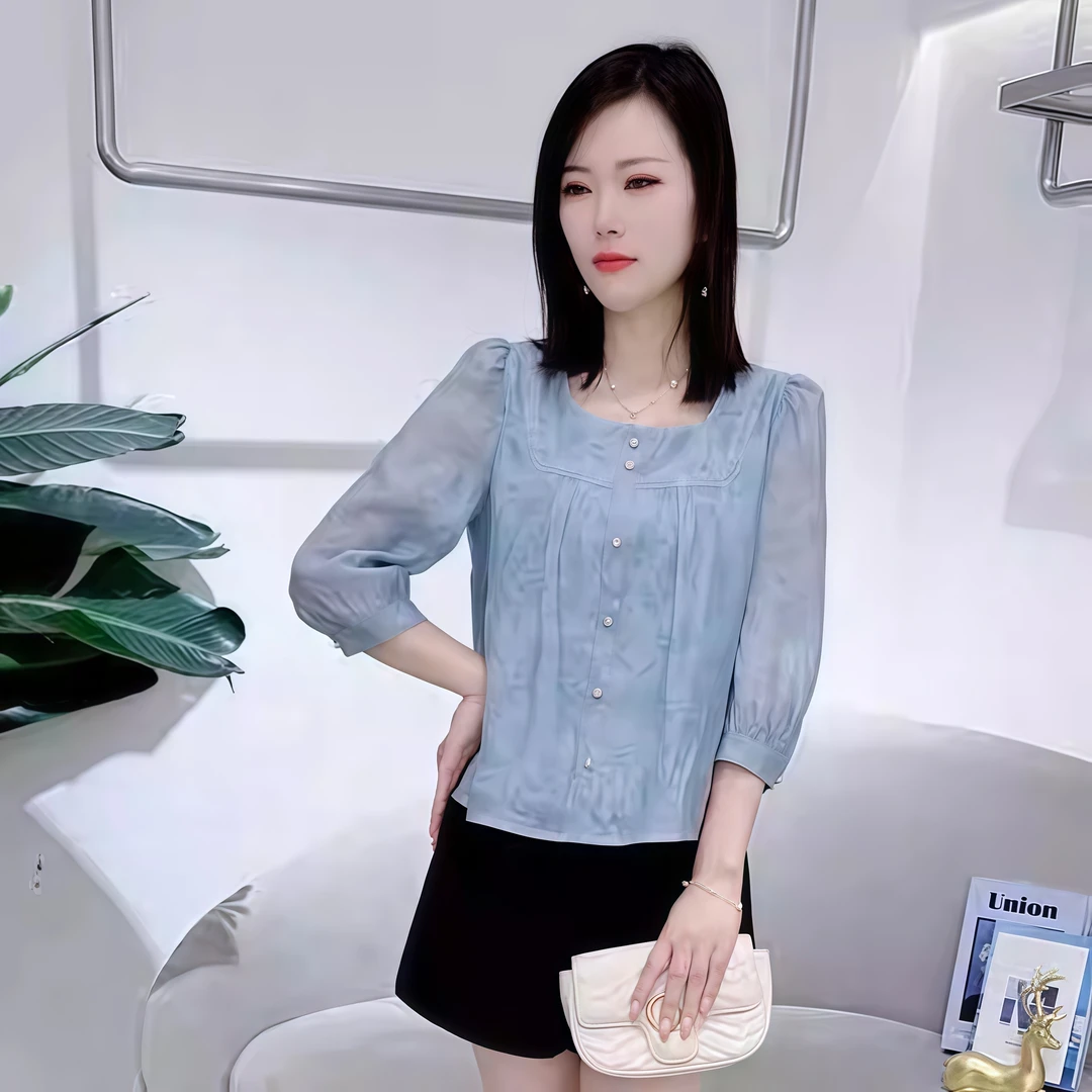 法式设计感休闲方领衬衫女2025年春季新款七分袖高级感气质上衣潮