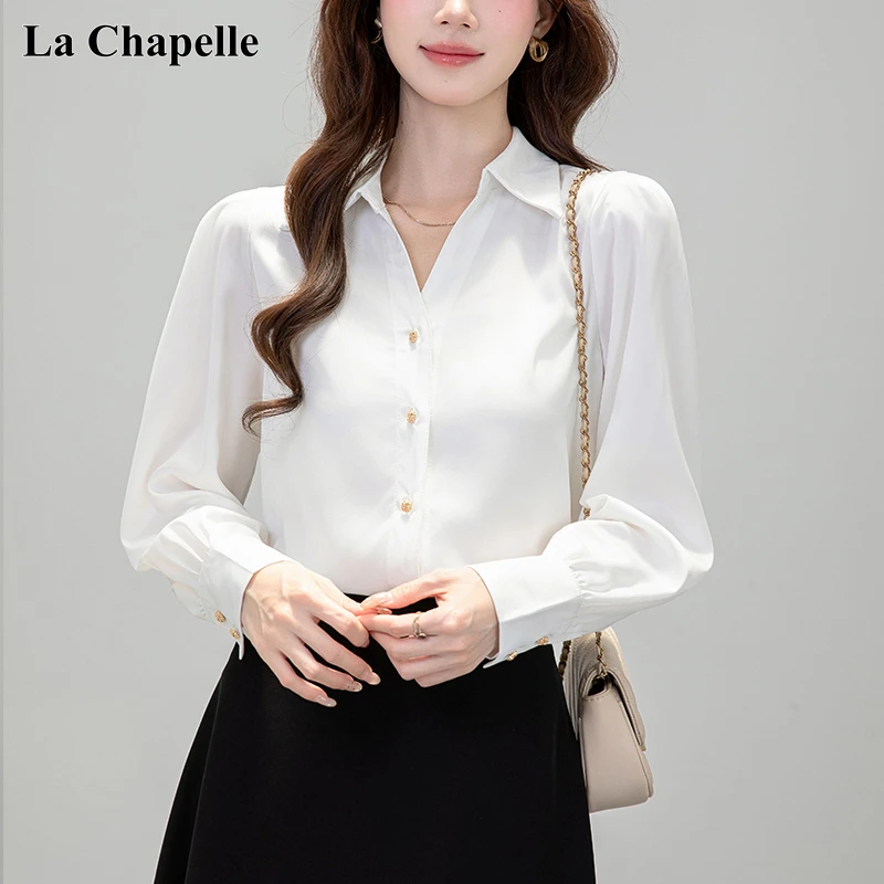 拉夏贝尔早秋气质V领长袖衬衫女士面试职业白色小众职业通勤衬衣